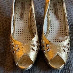 BAIT footwear, gold, open toe, kitten heels. Size 9